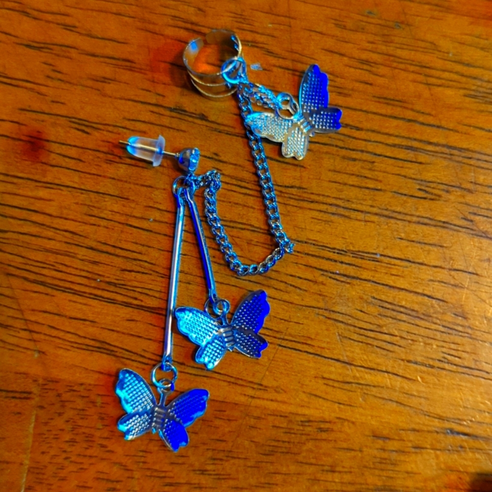 Single Butterfly Earring With Butterfly Cuff Silver Plated